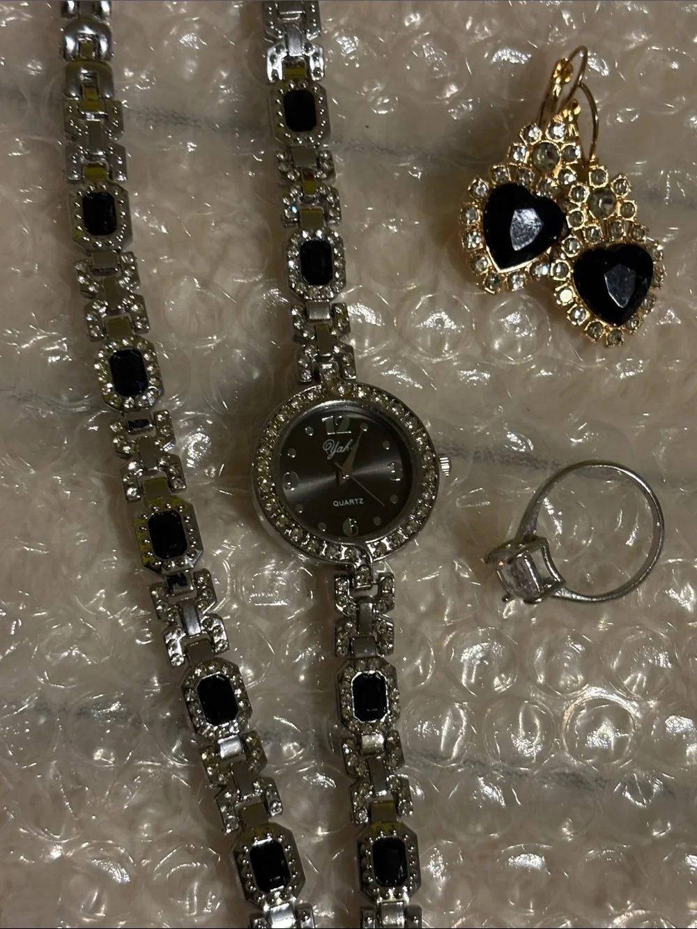 Silver-Tone Bracelet & Watch with Black Crystal Accents earrings & ring
